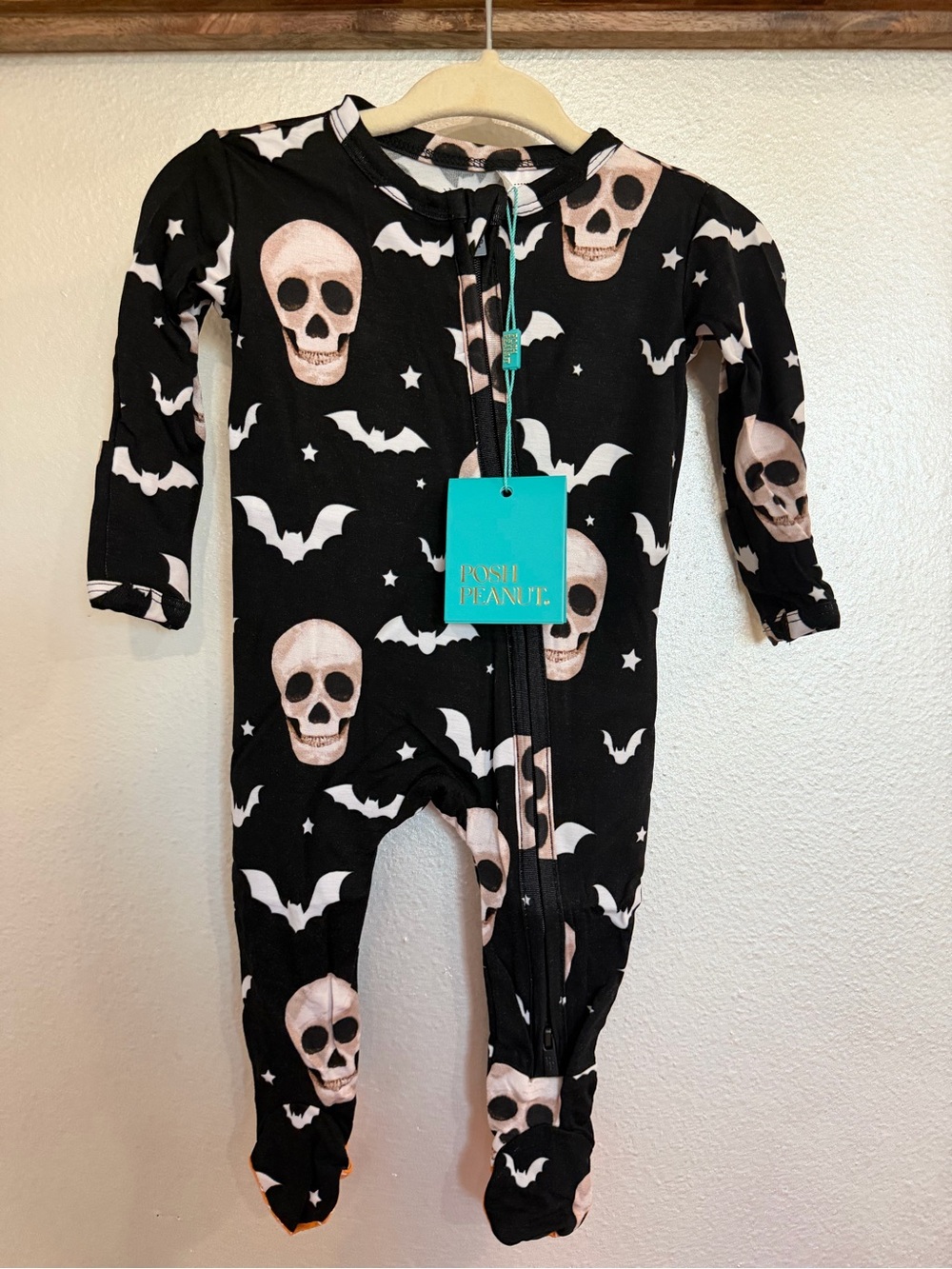 Posh Peanut Black Skull & Bat Footed One-Piece for newborn